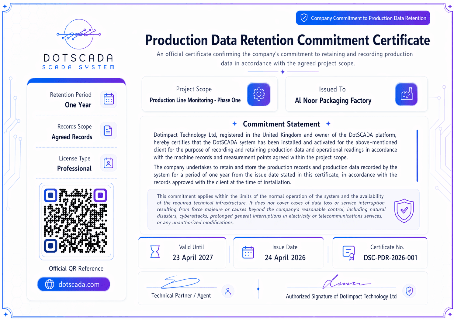 Production Data Retention Commitment Certificate - Al Noor Packaging Factory