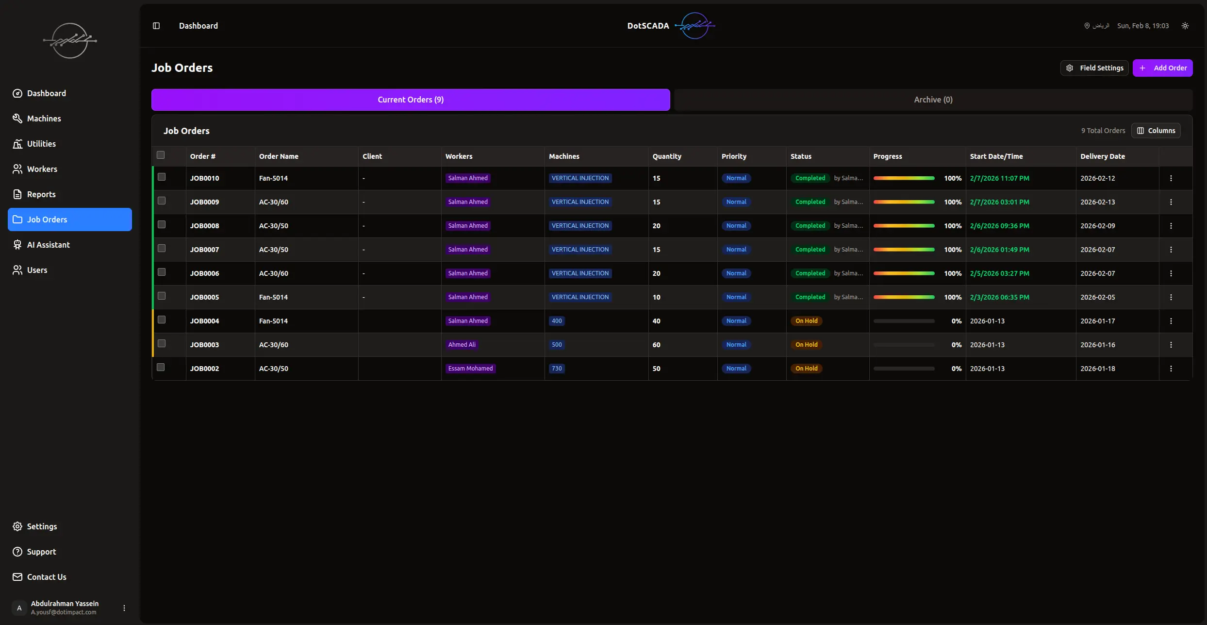 جدول أوامر العمل مع الحالات والأعمدة